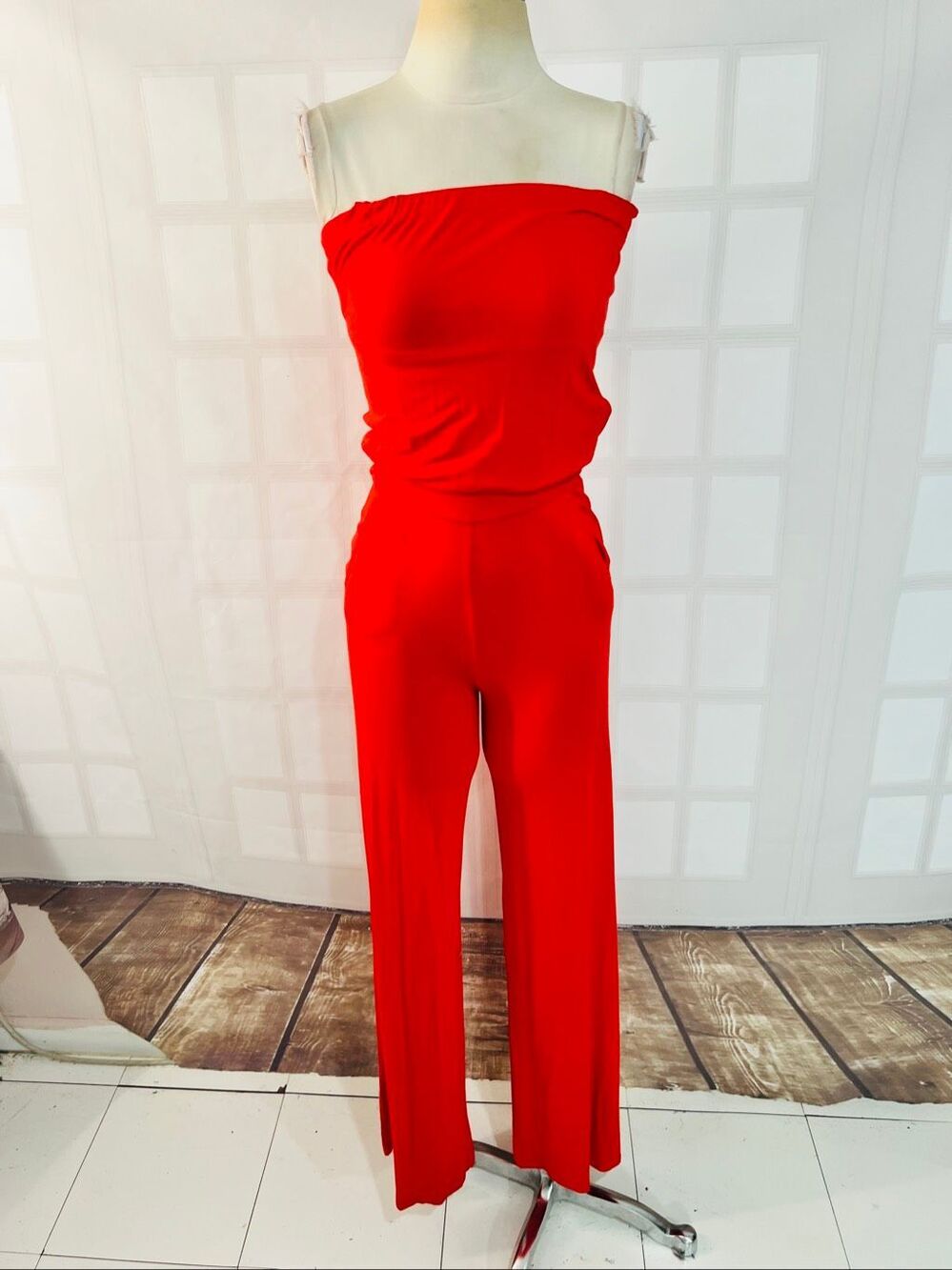 Guess NWT Coral Red Wide Leg Cutout Back Strapless Jersey Jumpsuit Size XS